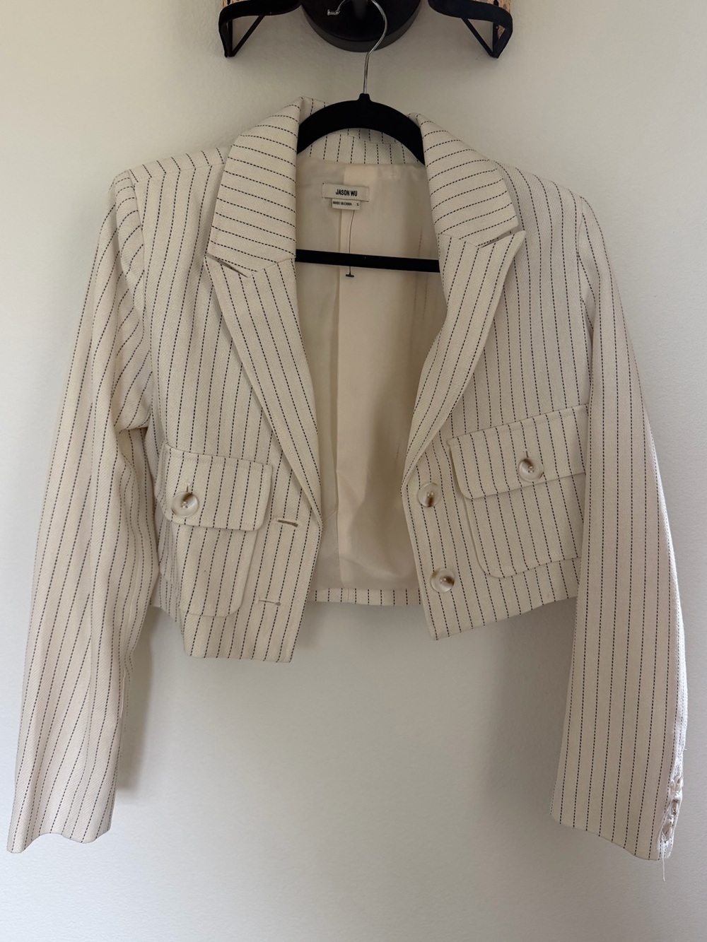 Jason Wu Cream Pinstripe Womens Cropped Blazer Jacket - Picture 2 of 5